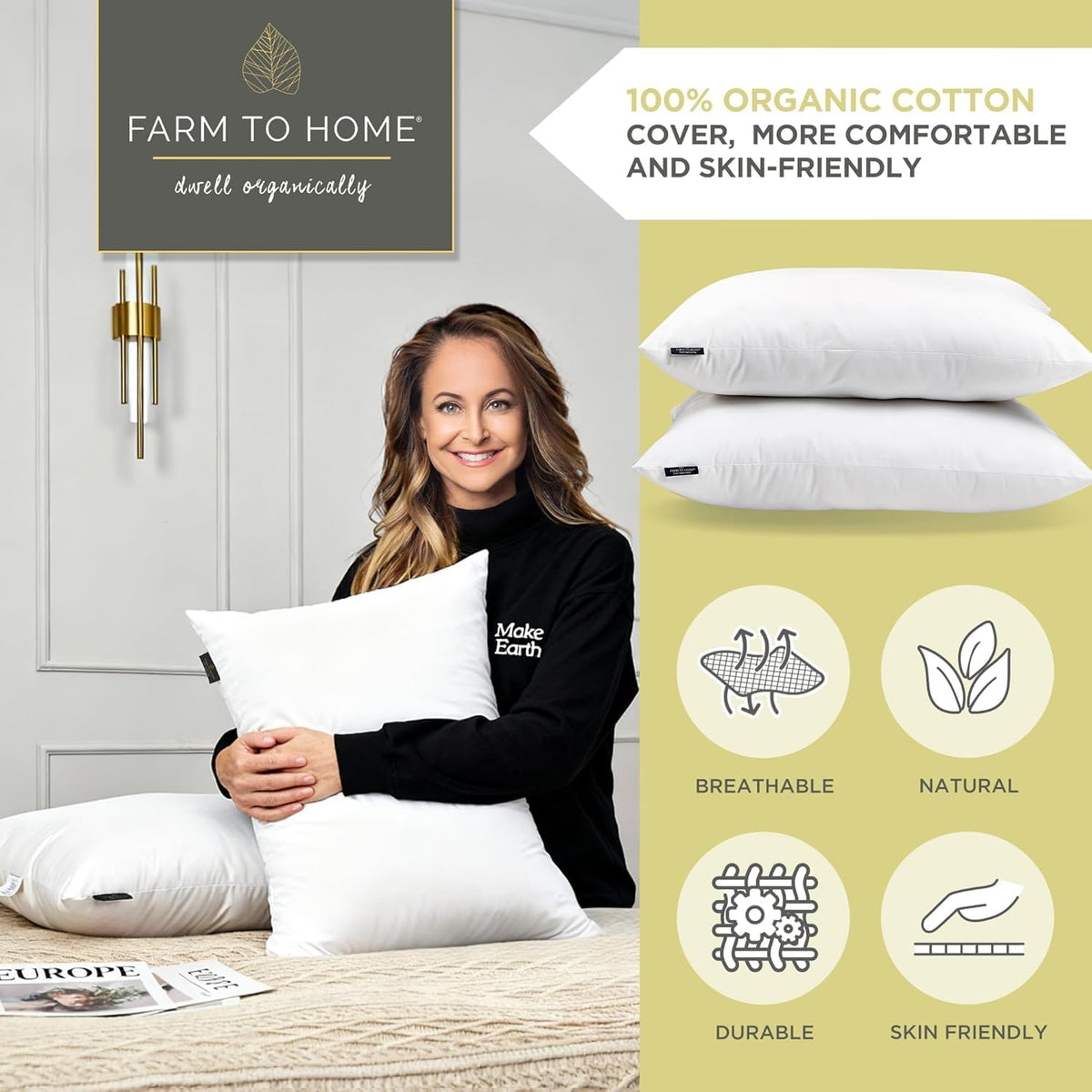 100% Organic Cotton Cover King Size Bed Pillows Set of 2 K5298