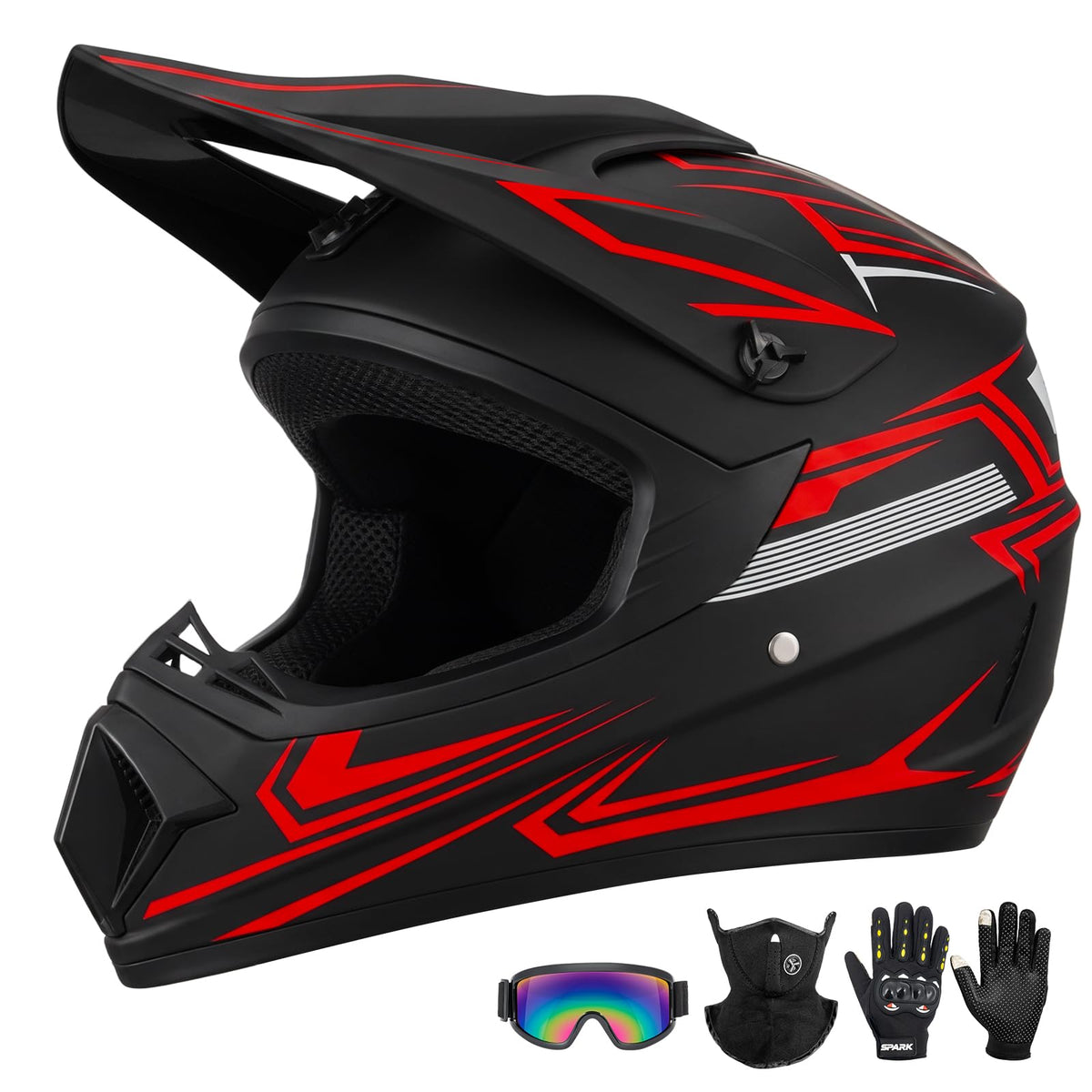 Youth Kids Full Face Motocross Helmet 4PCS Set DOT Approved Red XL C2382