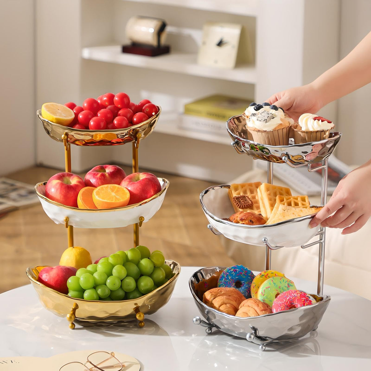 3 Tier Ceramic Fruit Bowl with Metal Stand H2261