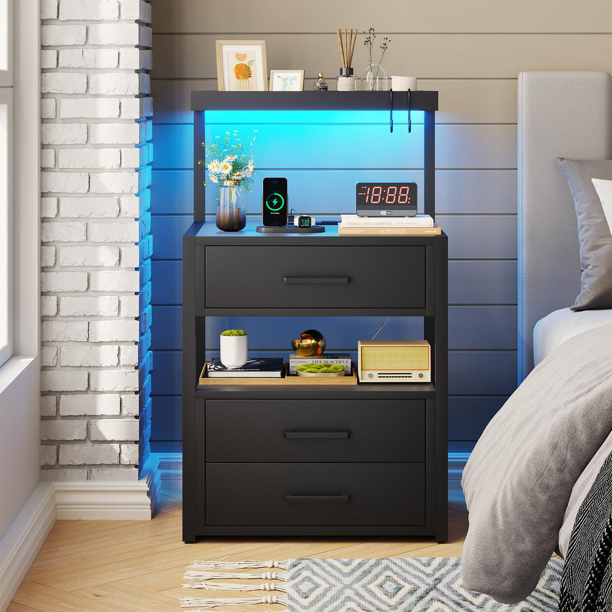 Black Nightstand with Charging Station and LED Lights, 3 Drawers H7717