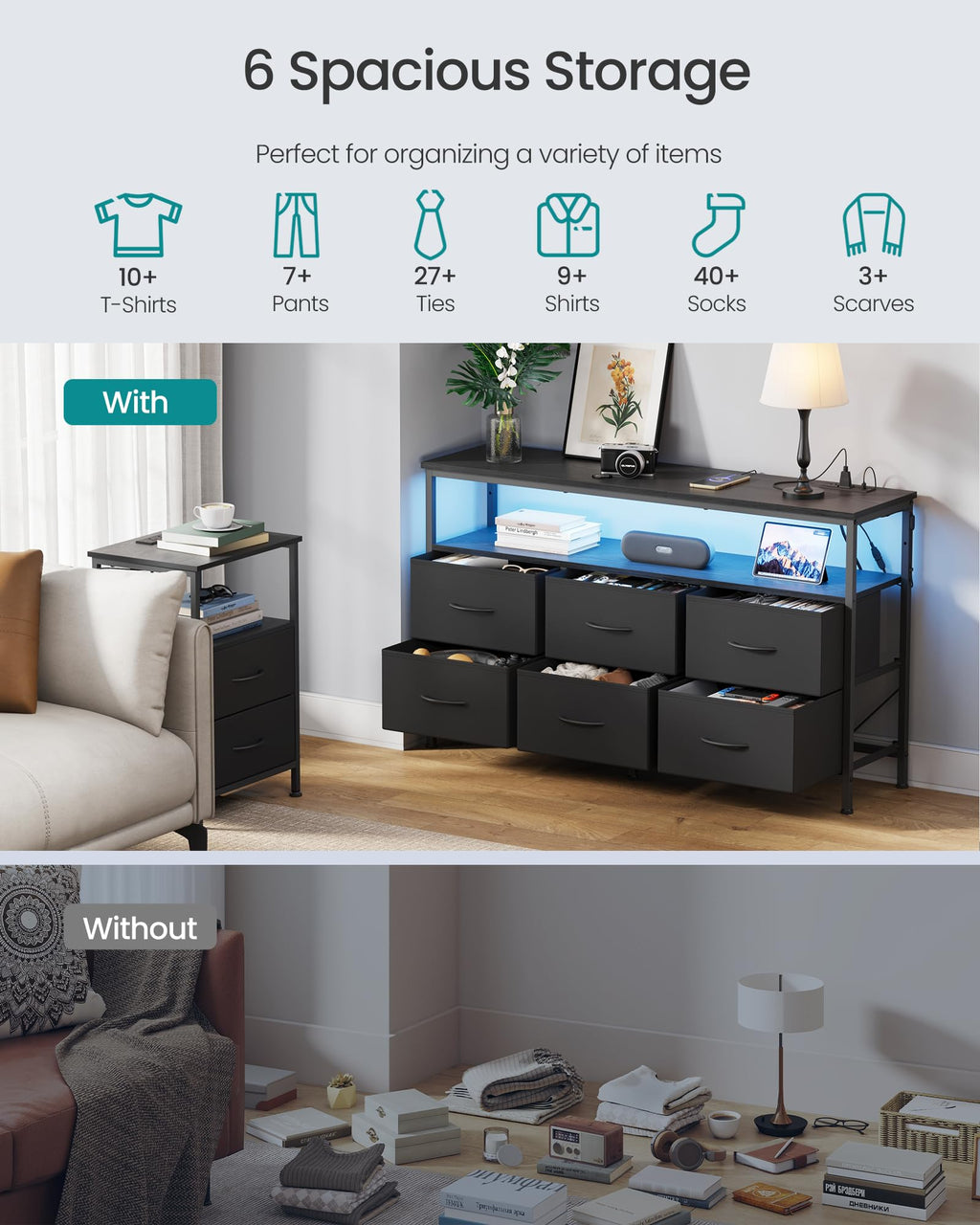 Wide Dresser with 6 Drawers & Open Shelf W6883