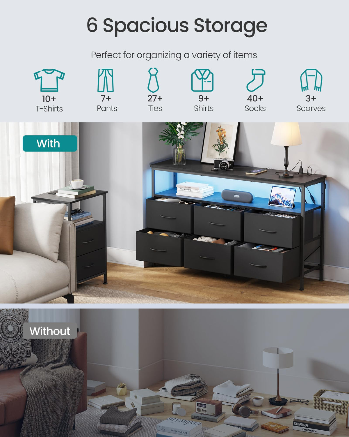 Wide Dresser with 6 Drawers & Open Shelf W6883