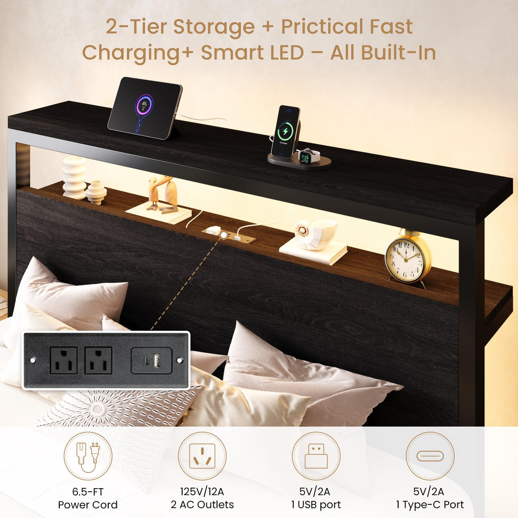 Full Bed Frame with 2-Tier Storage Headboard T17053