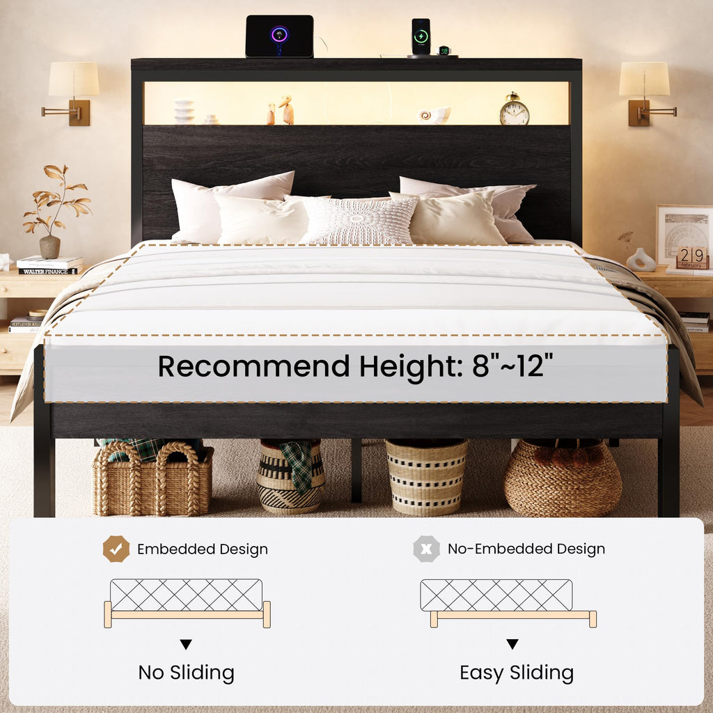 Full Bed Frame with 2-Tier Storage Headboard T17053