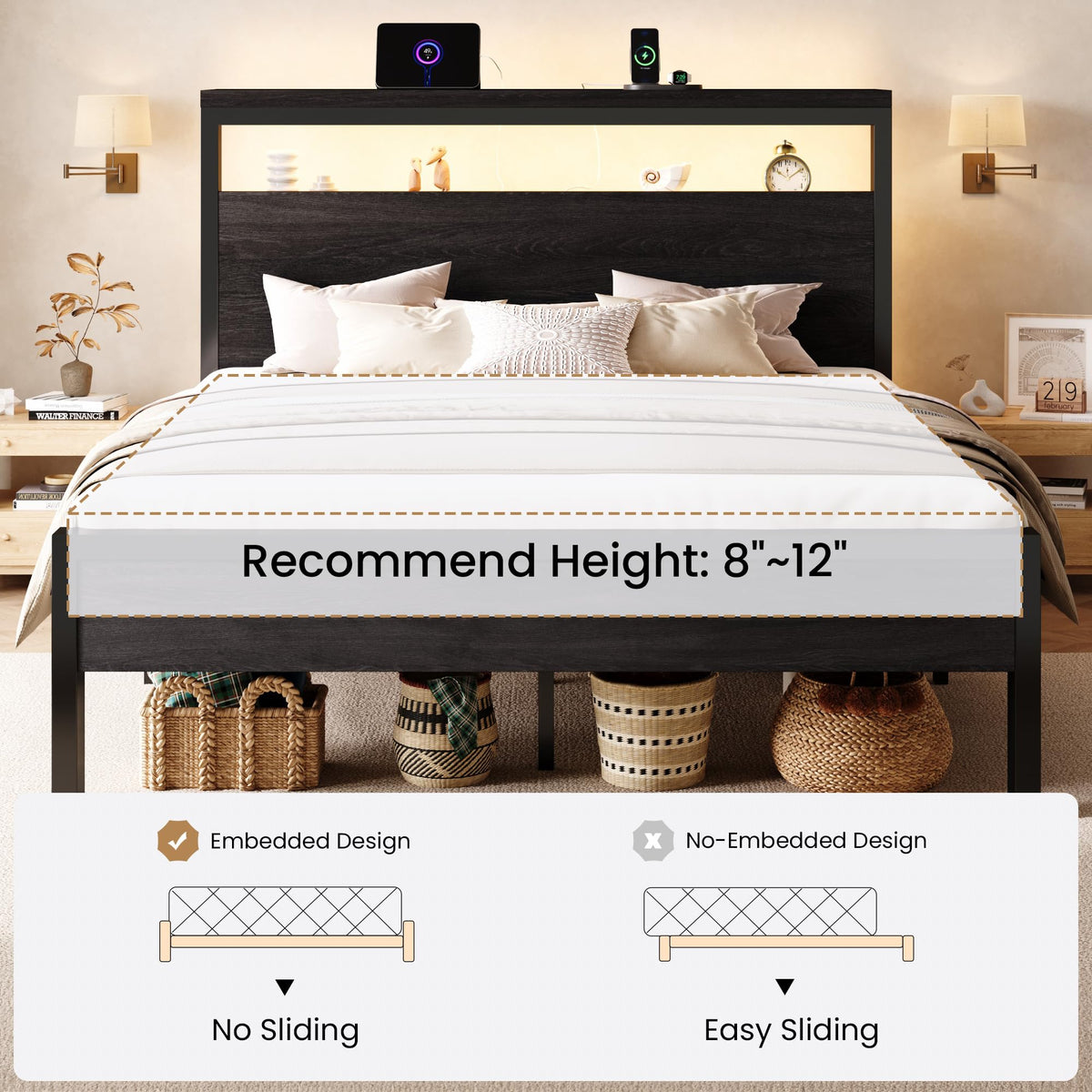 Full Bed Frame with 2-Tier Storage Headboard T17053
