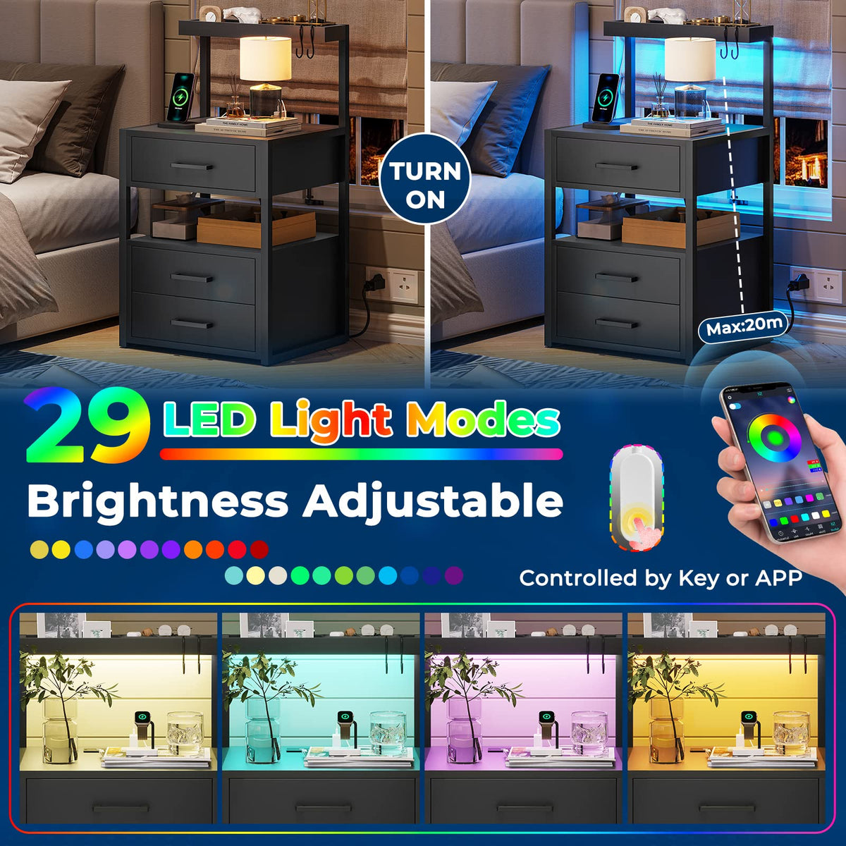 Black Nightstand with Charging Station and LED Lights, 3 Drawers H7717