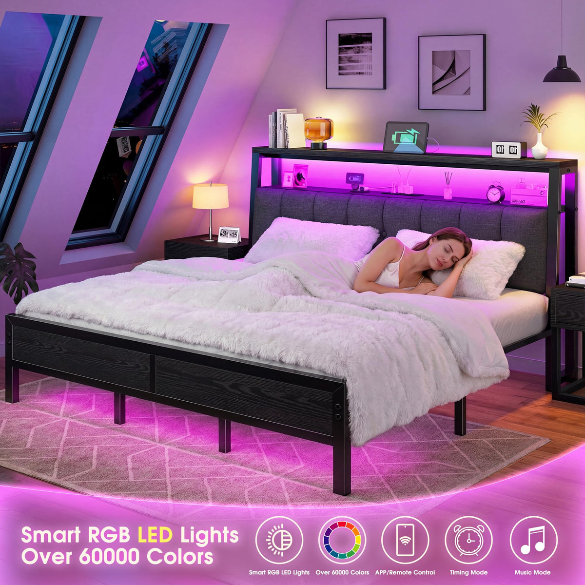 King Bed Frame with Charging Station Black K957597
