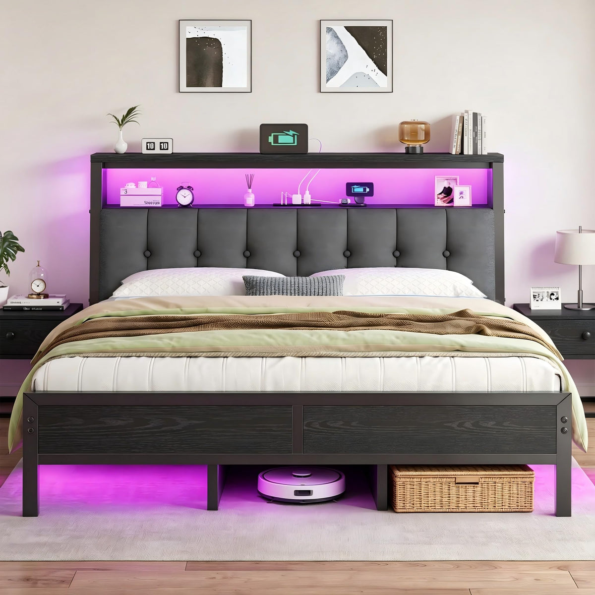 King Bed Frame with Charging Station Black K957597