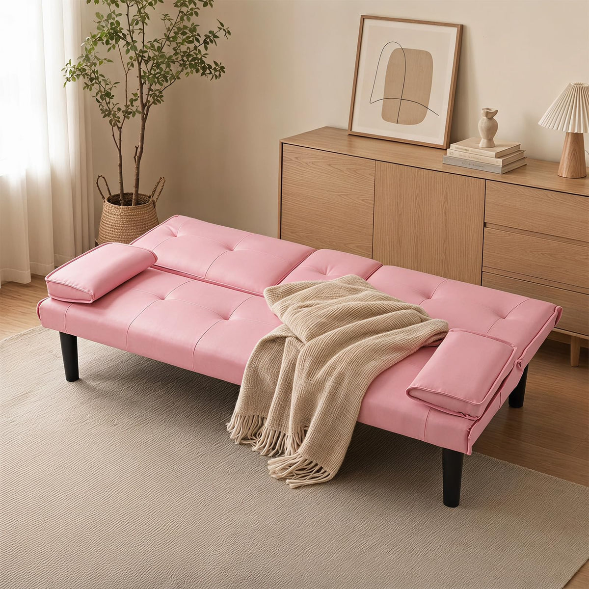 Black PVC Sofa Bed with Cup Holder and Solid Wood Frame H567