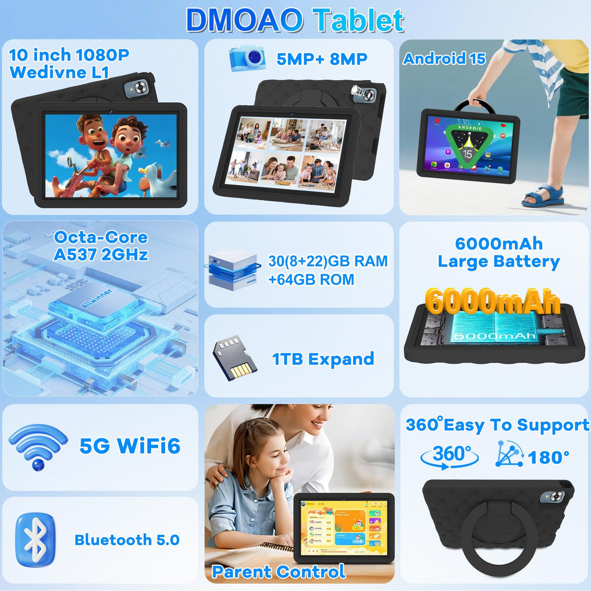 10.1 Inch Kids Tablet 64GB ROM Octa-Core Anti-Blue Light Screen Black N456512