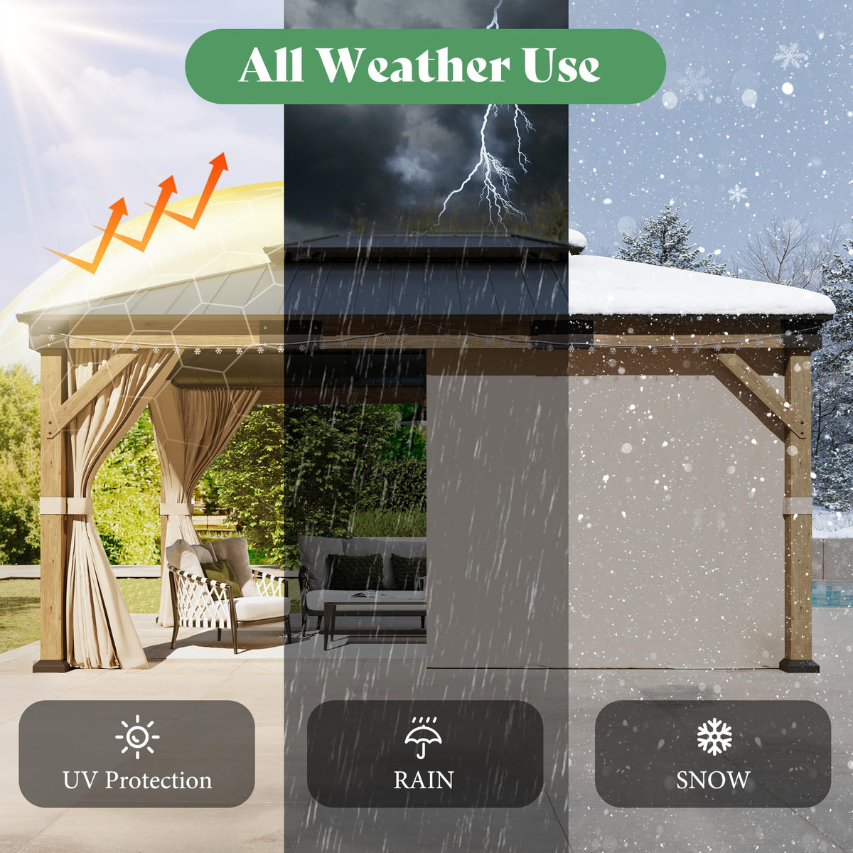 12x14FT Hardtop Gazebo with Double Roof, Privacy Curtain & Netting N34011