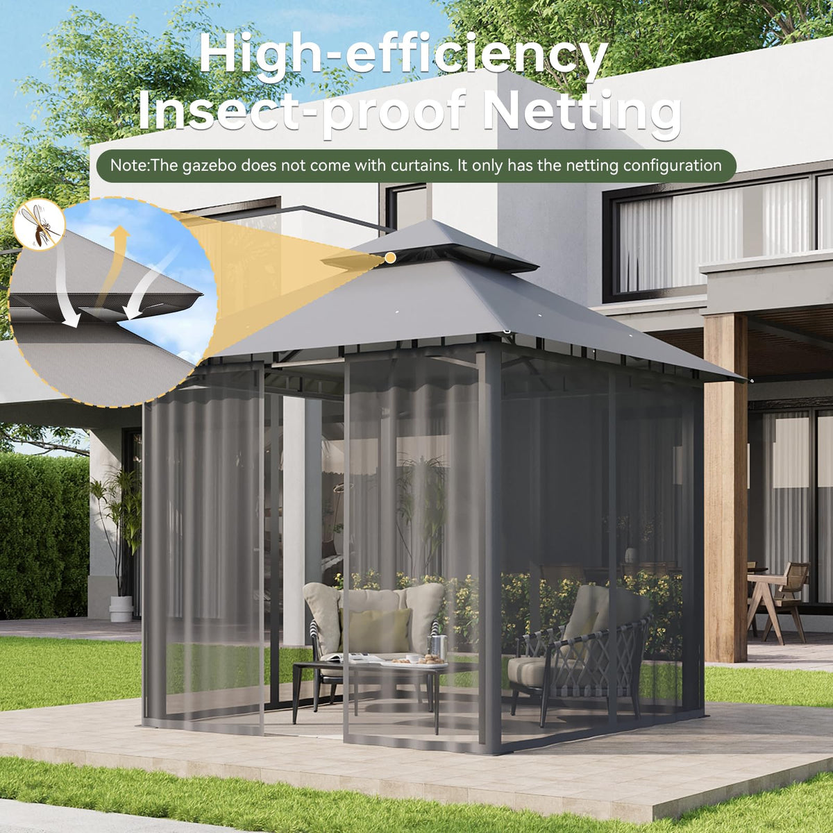 8'x8' Gray Gazebo with Double Roof & Mosquito Netting A82862