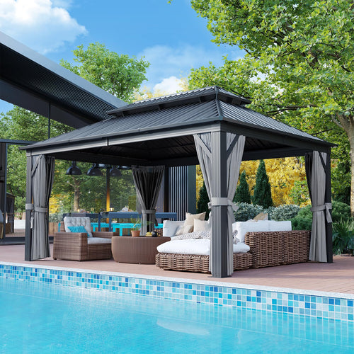 12FT X 16FT Hardtop Gazebo with Mosquito Netting and Curtains O12846