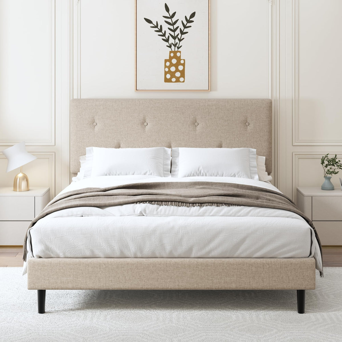 Queen Size Beige Linen Bed Frame with Adjustable Headboard E584762