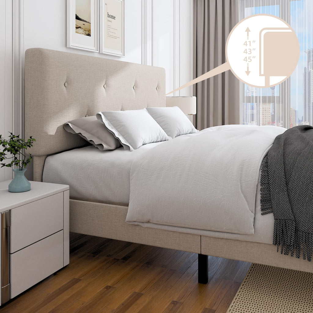 Queen Size Beige Linen Bed Frame with Adjustable Headboard E584762