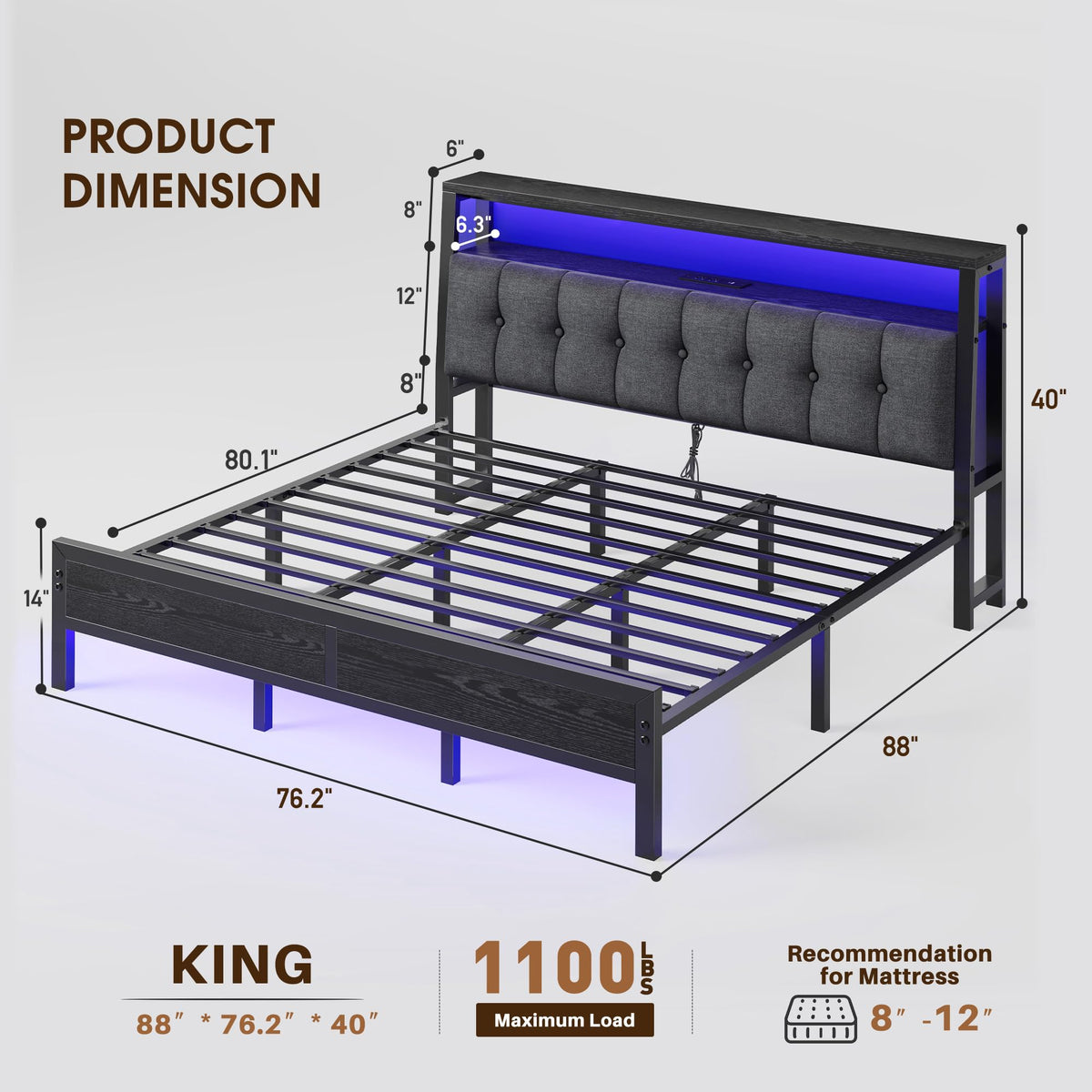 King Bed Frame with Charging Station Black K957597