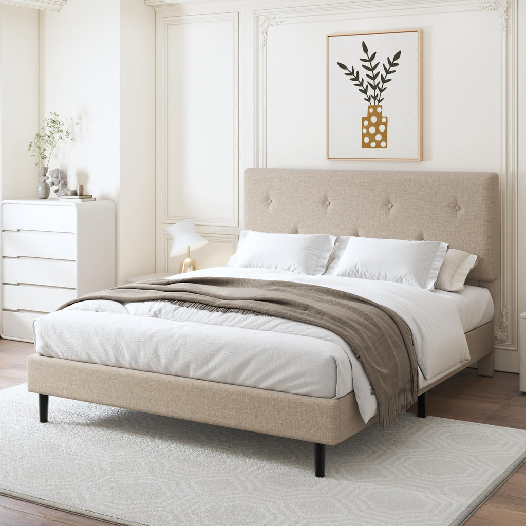 Queen Size Beige Linen Bed Frame with Adjustable Headboard E584762