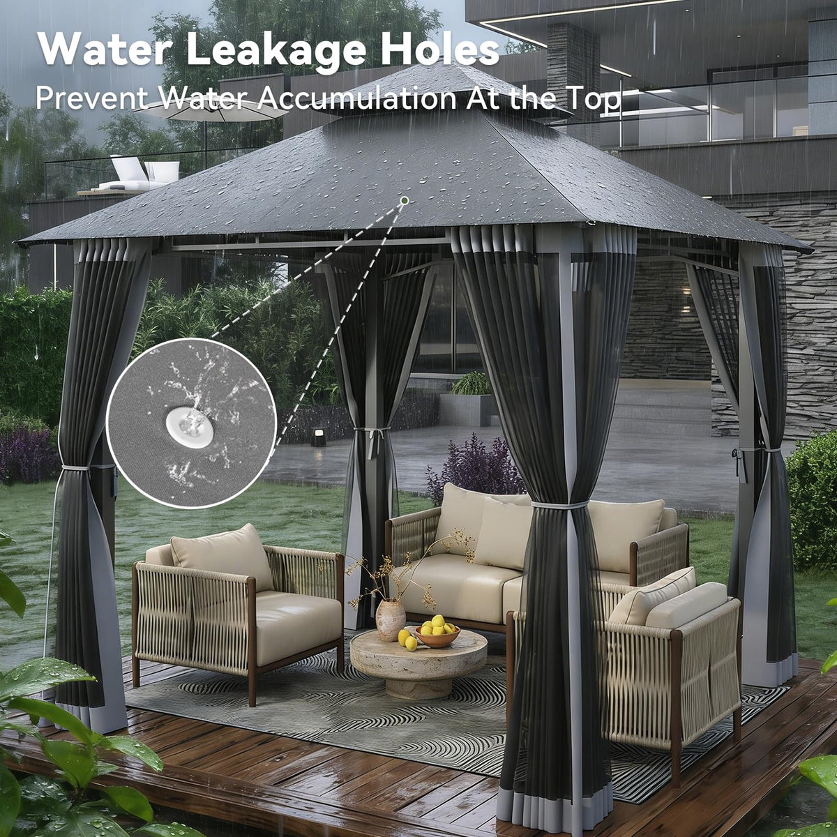 8'x8' Gray Gazebo with Double Roof & Mosquito Netting A82862