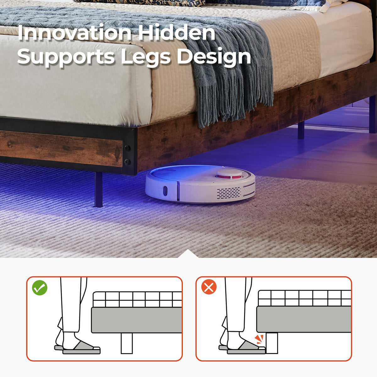 Queen Size Metal Platform Bed Frame with Storage Headboard and LED Lights Z5042