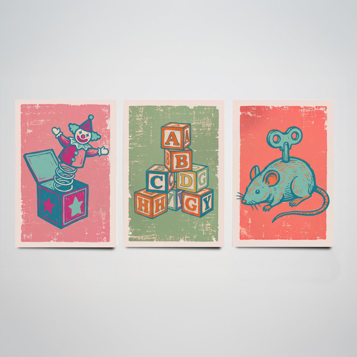 Art Prints Set of 3 Retro Linocut Style I317