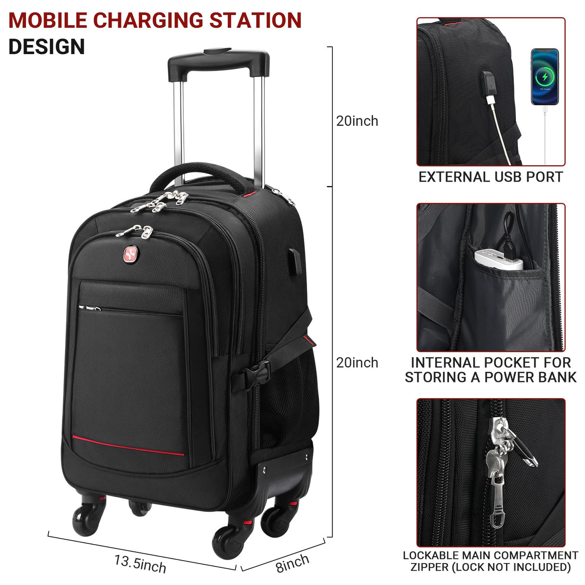 Rolling Backpack with 4 Extra Wheels, Water-Resistant Underseat Travel Luggage P38119