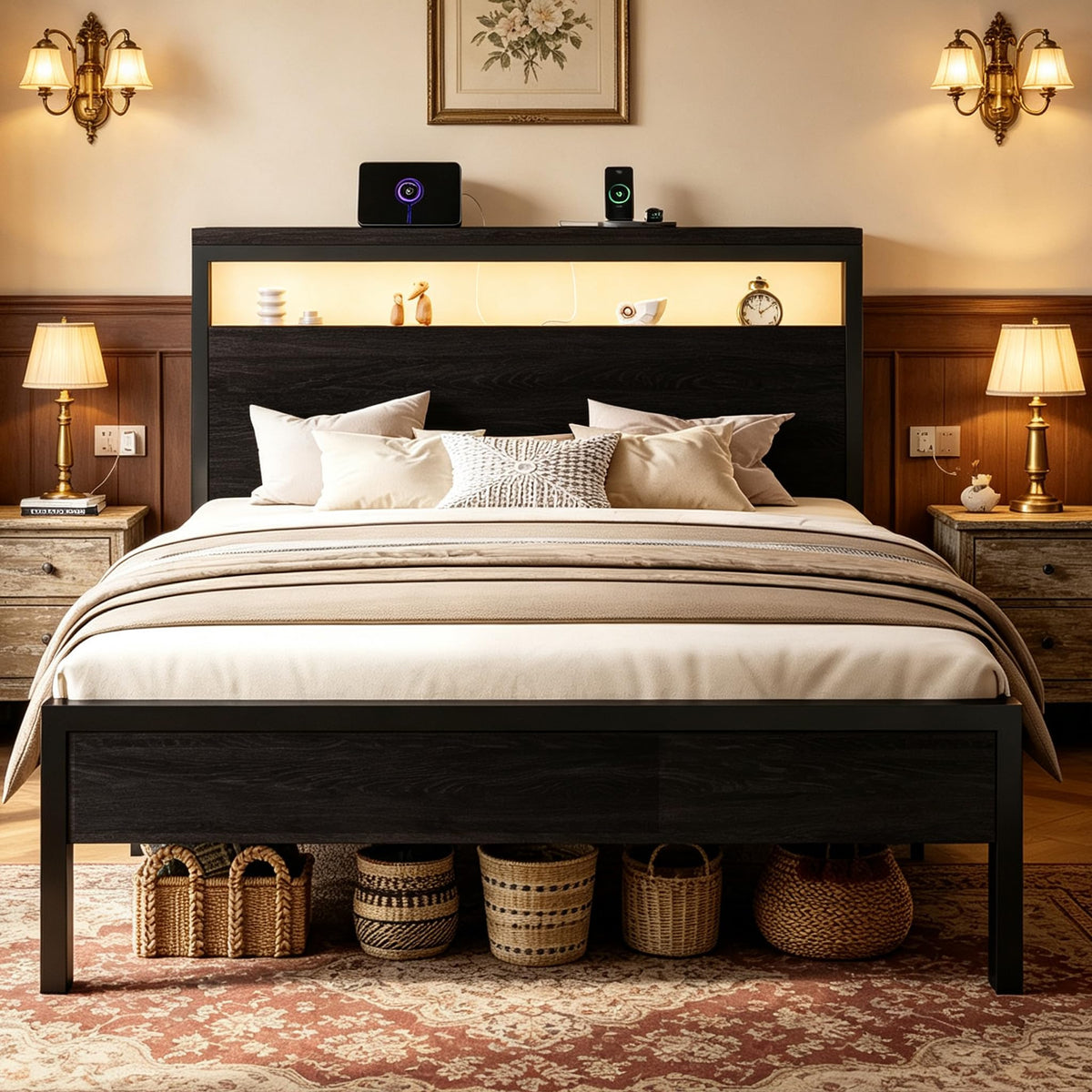 Full Bed Frame with 2-Tier Storage Headboard T17053