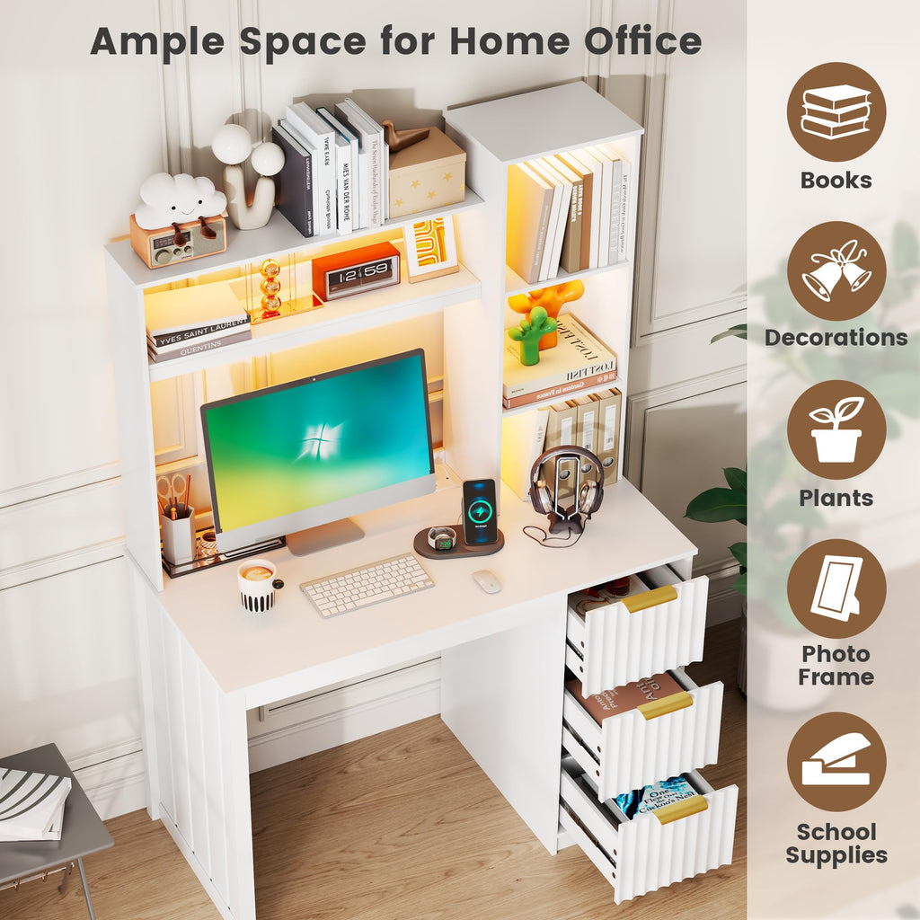White Home Office Desk with Hutch and Drawers X36483