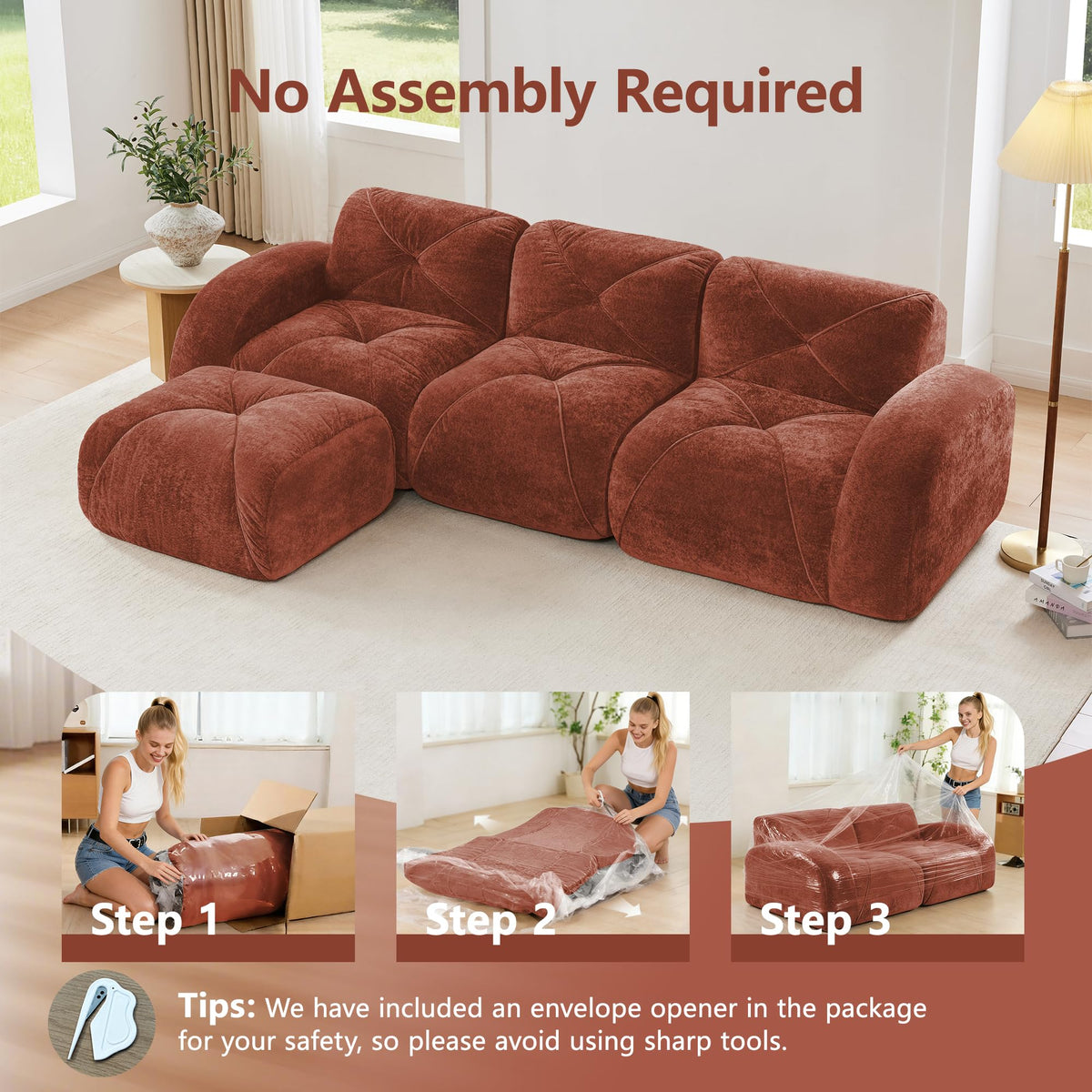 L-Shaped Orange Velvet Tufted Sofa with Ottoman K771
