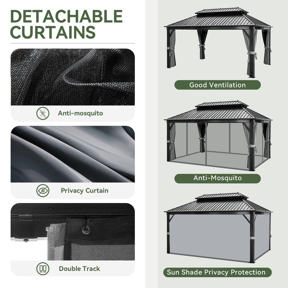 12FT X 16FT Hardtop Gazebo with Mosquito Netting and Curtains O12846
