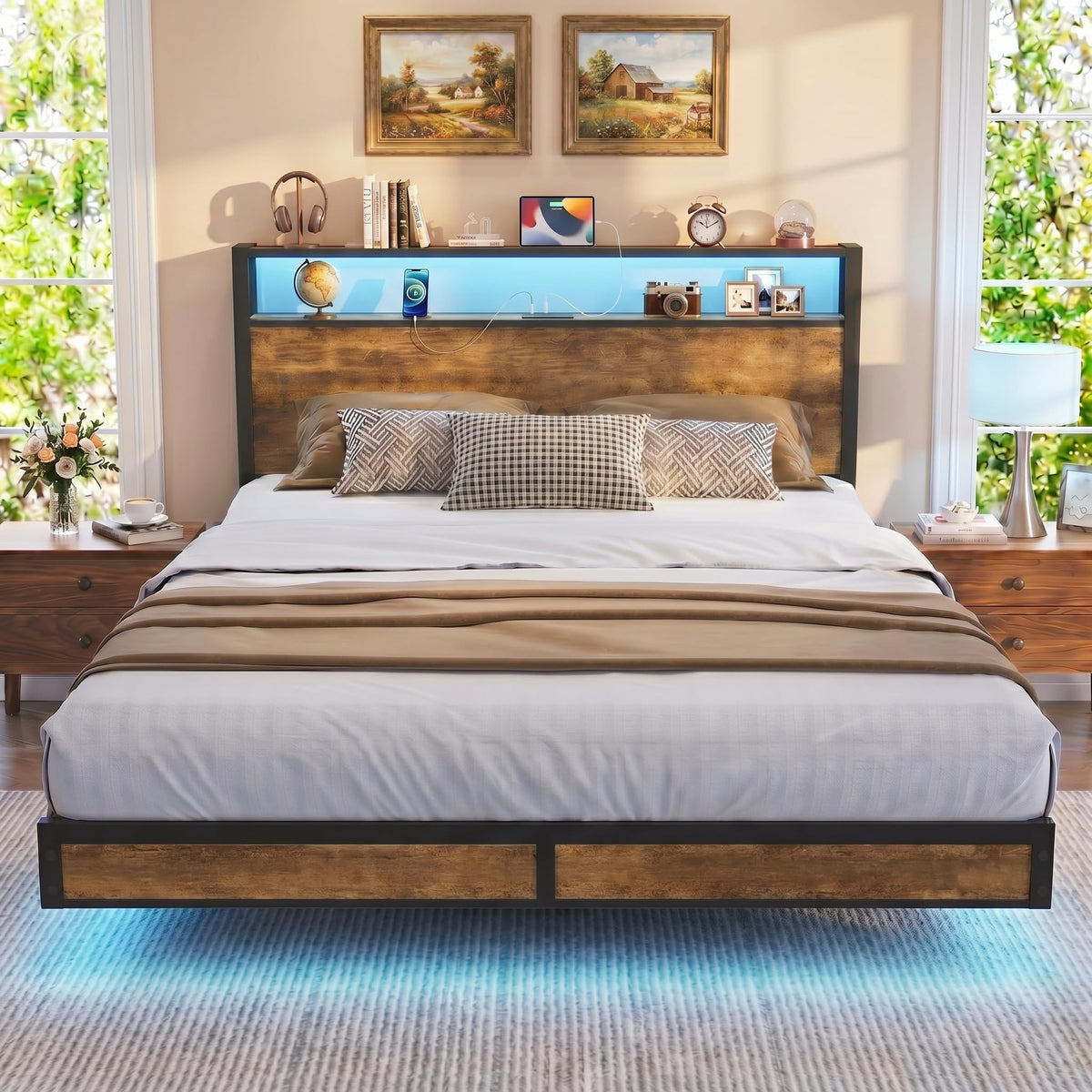 Queen Size Metal Platform Bed Frame with Storage Headboard and LED Lights Z5042