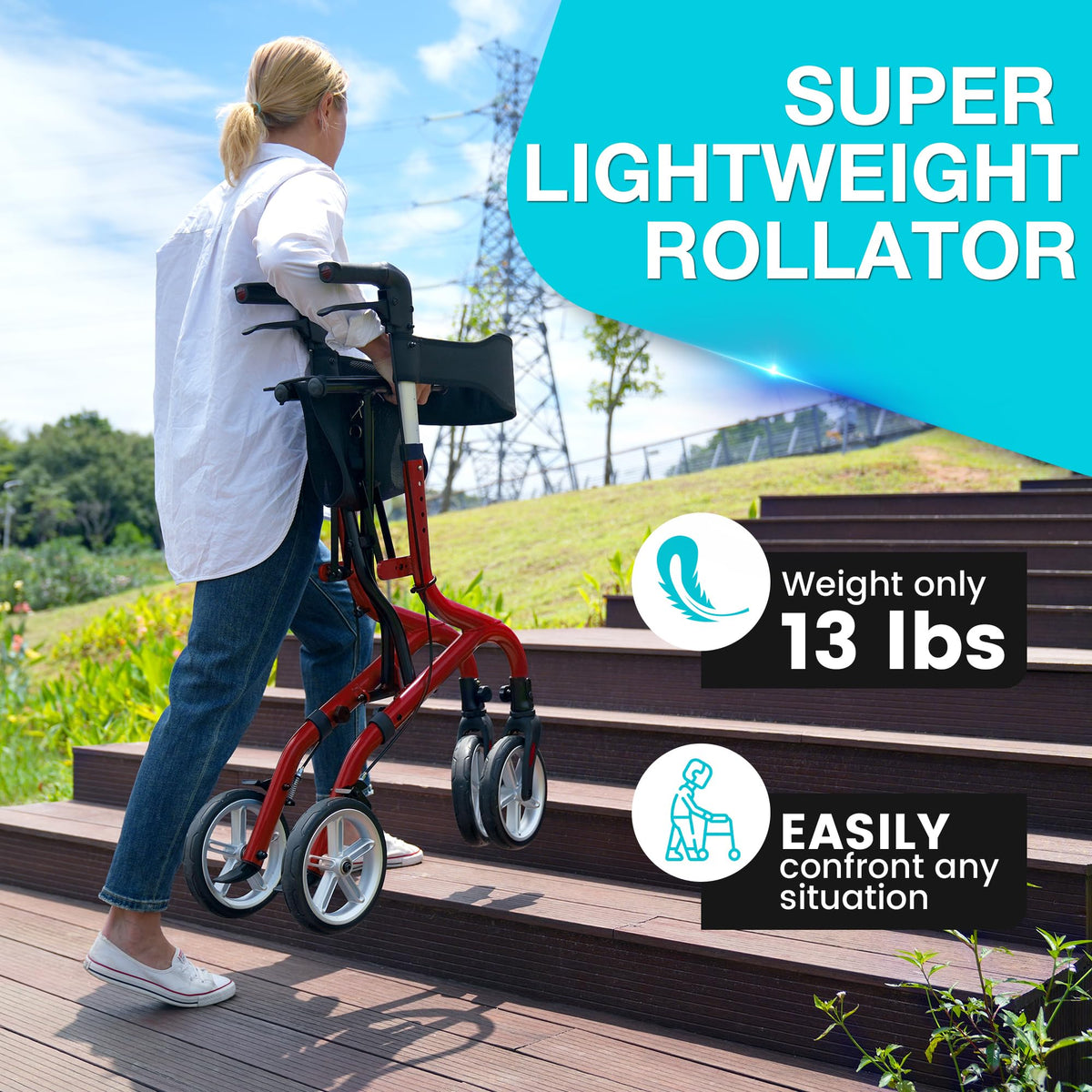 Lightweight Foldable Rollator Walker with Seat and 8" Rubber Wheels Q32655