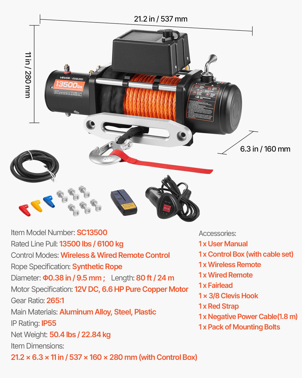 13,500 lb 12V DC Electric Truck Winch with Synthetic Rope N48770