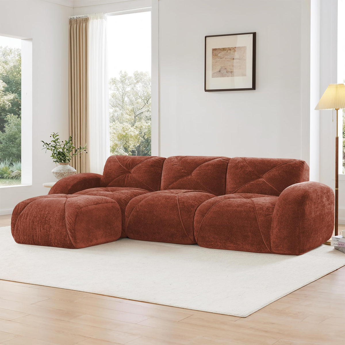 L-Shaped Orange Velvet Tufted Sofa with Ottoman K771