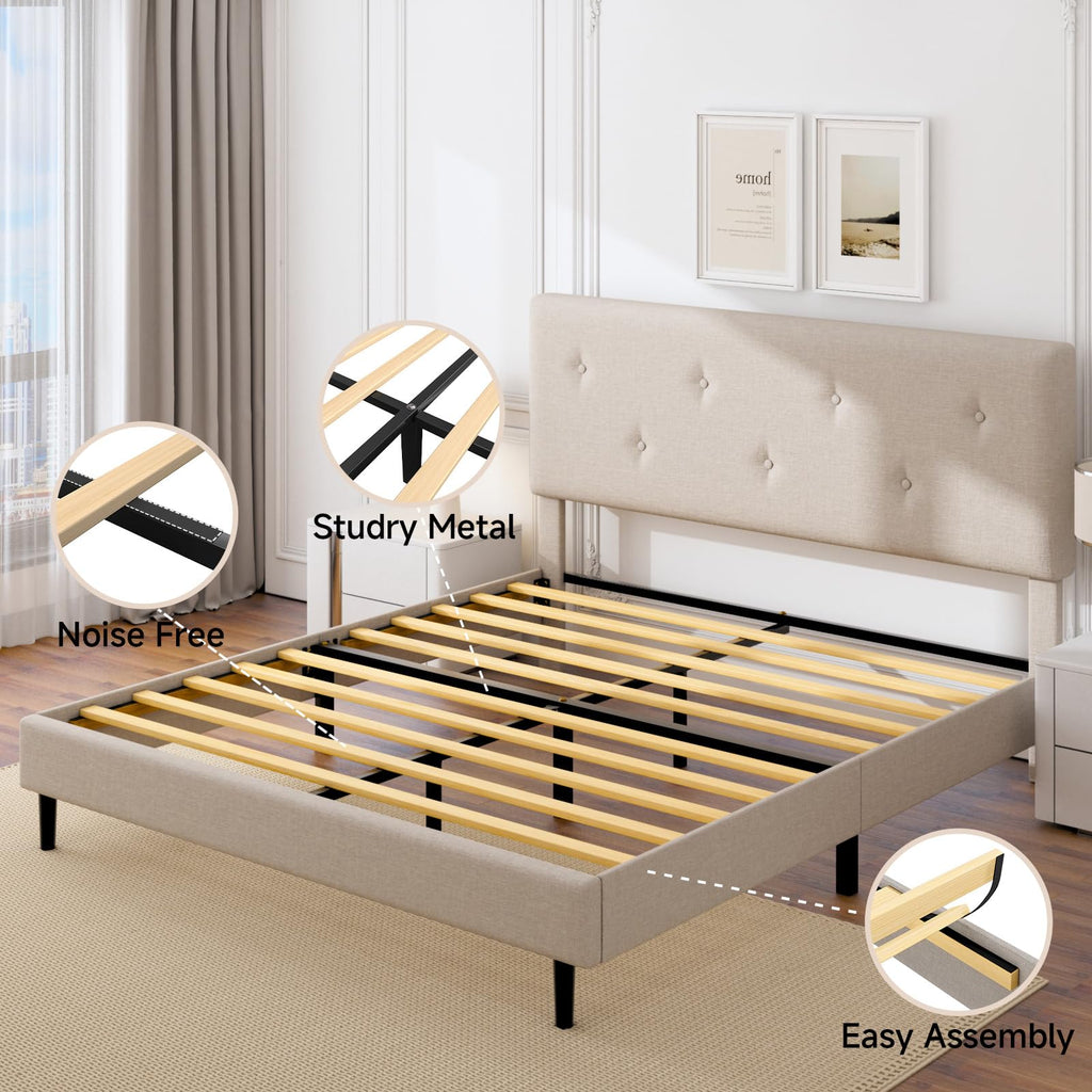 Queen Size Beige Linen Bed Frame with Adjustable Headboard E584762