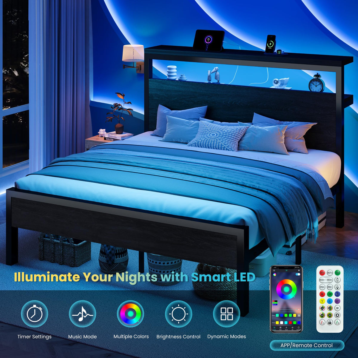 Full Bed Frame with 2-Tier Storage Headboard T17053
