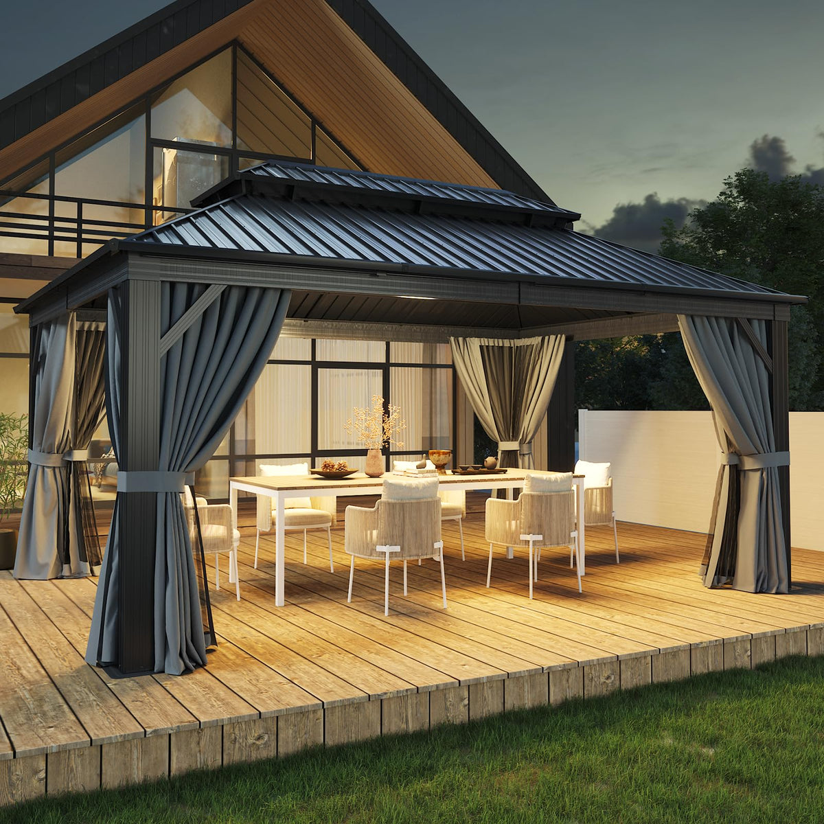 12FT X 16FT Hardtop Gazebo with Mosquito Netting and Curtains O12846