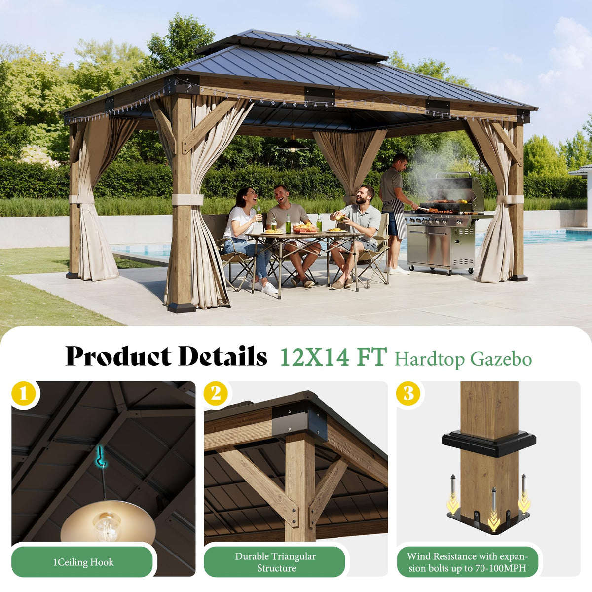 12x14FT Hardtop Gazebo with Double Roof, Privacy Curtain & Netting N34011
