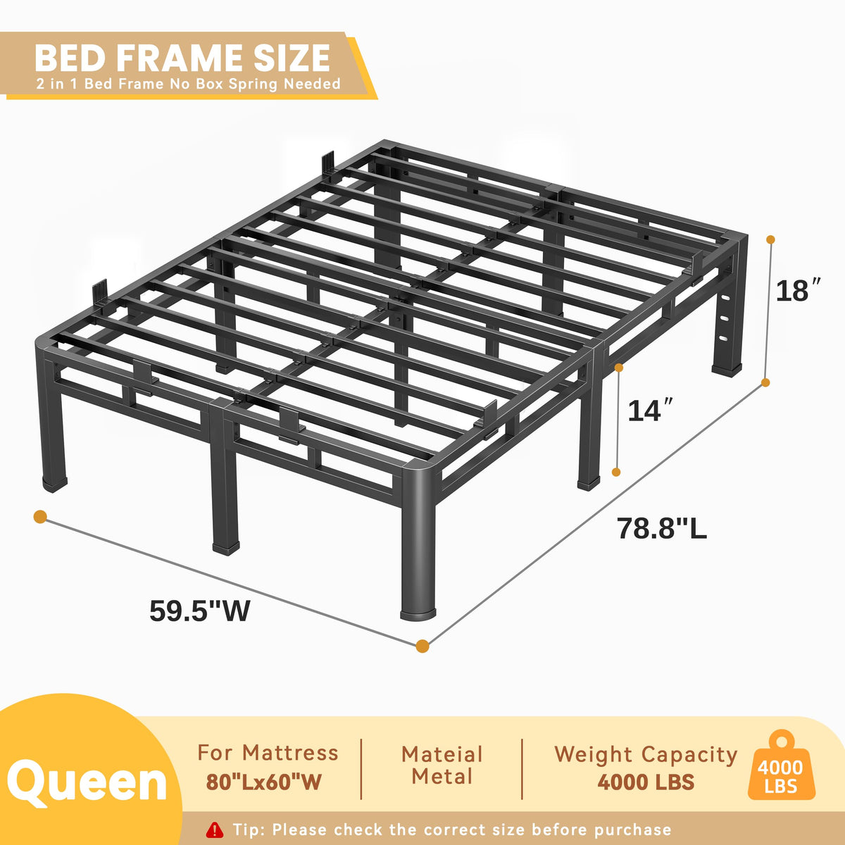 Queen 18 Inch Tall Metal Platform Bed Frame A1885