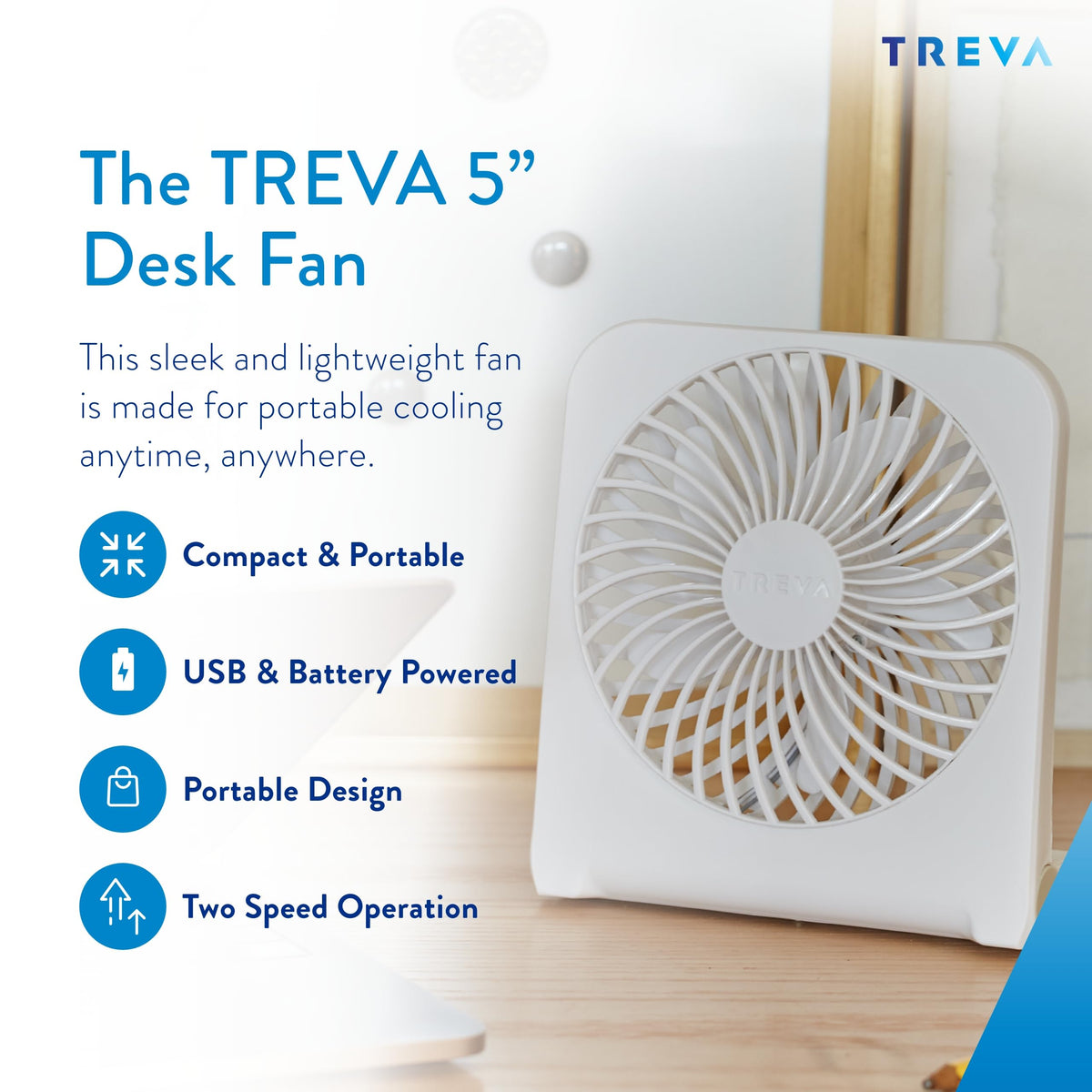 5 in USB Battery Powered Desk Fan Adjustable Tilt 2-Speed White M24376