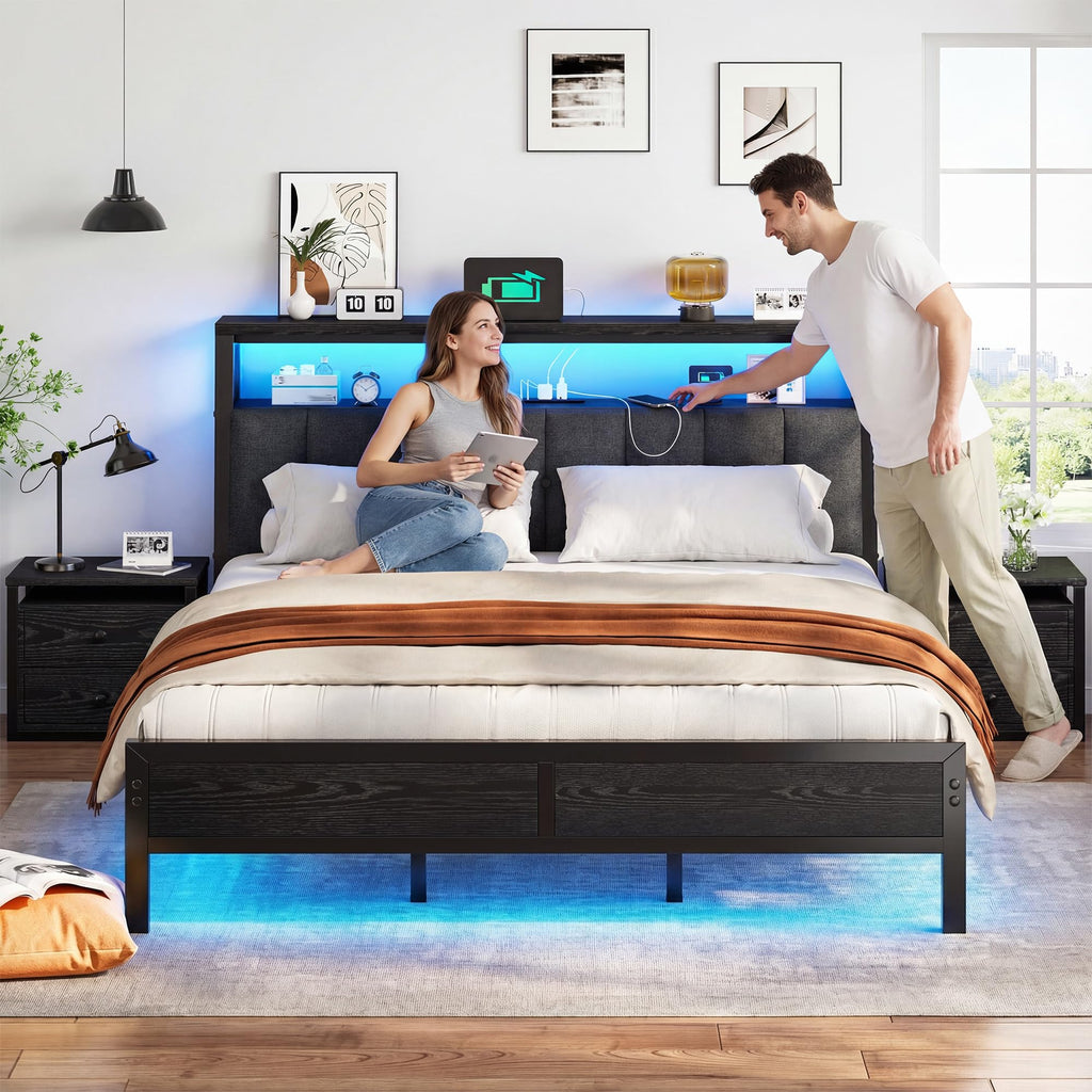 King Bed Frame with Charging Station Black K957597
