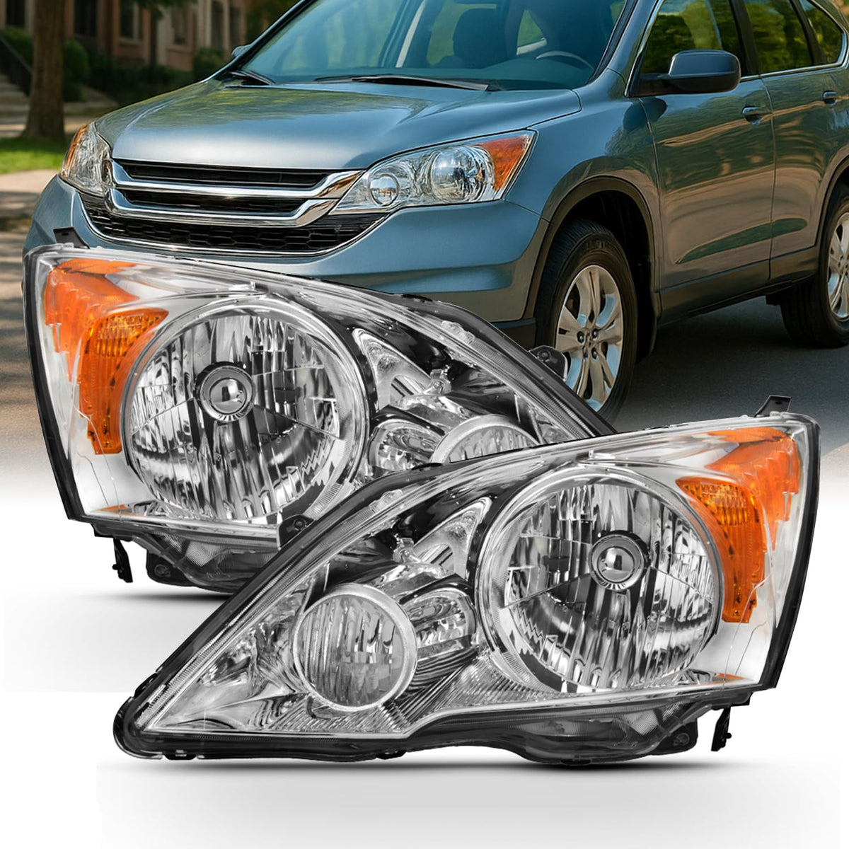 2007-11 Honda CR-V Headlight Assembly Chrome Housing Clear Lens Full Set M3405