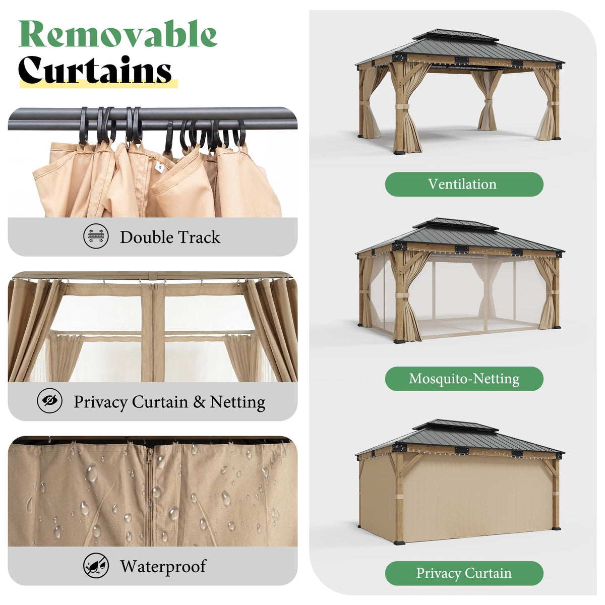 12x14FT Hardtop Gazebo with Double Roof, Privacy Curtain & Netting N34011