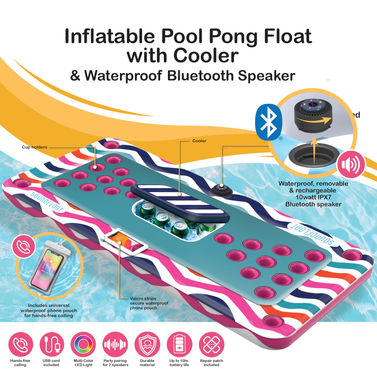 Inflatable Pool Pong Float with Bluetooth Speaker, Cup Holders, Integrated Cooler S542