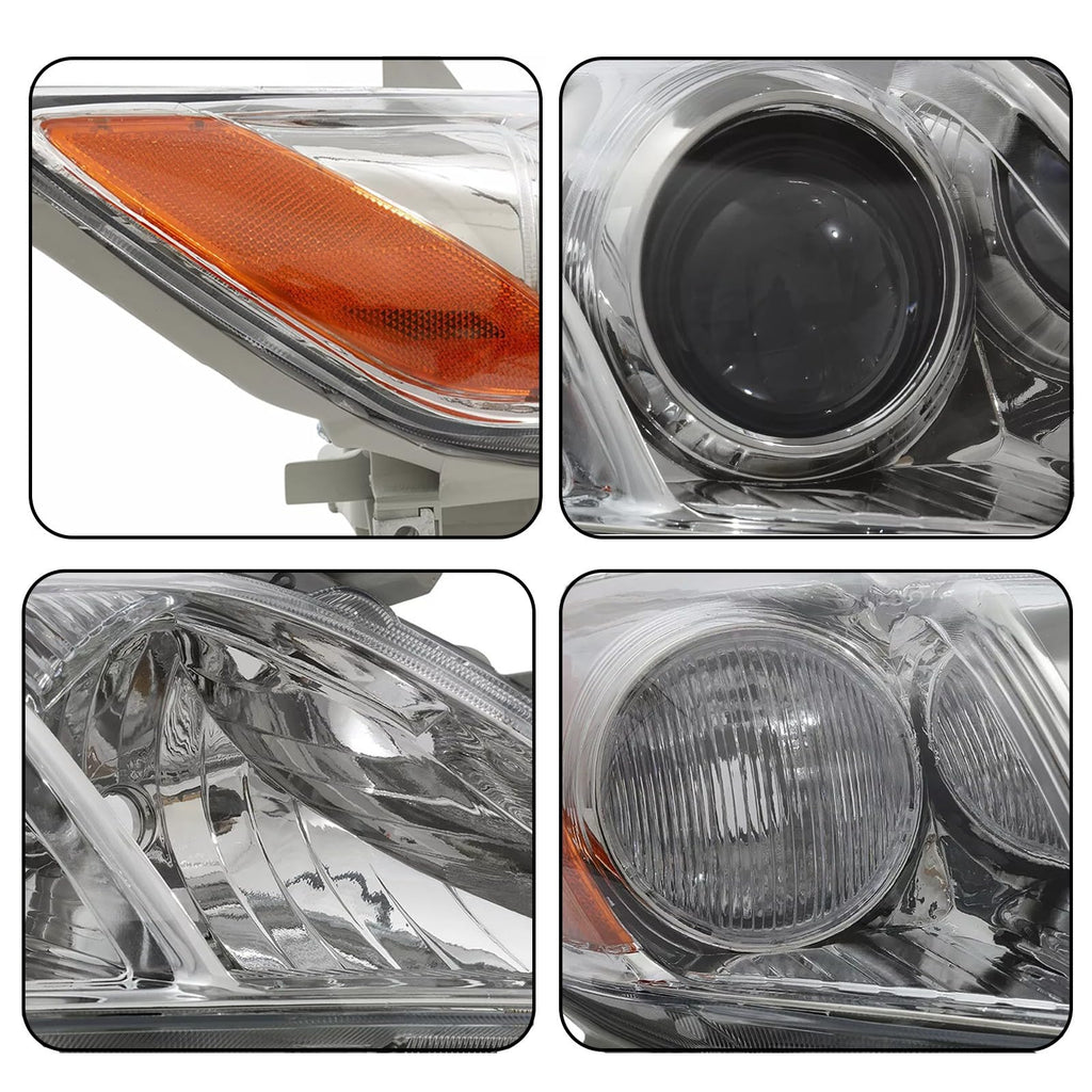 Pair Headlights Assembly Compatible With 2007-2009 Toyota Camry Driver Passenger Side Halogen Chrome Housing Clear Lens Z887