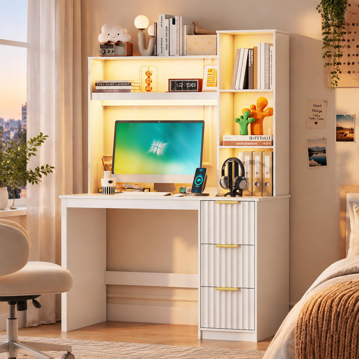 White Home Office Desk with Hutch and Drawers X36483