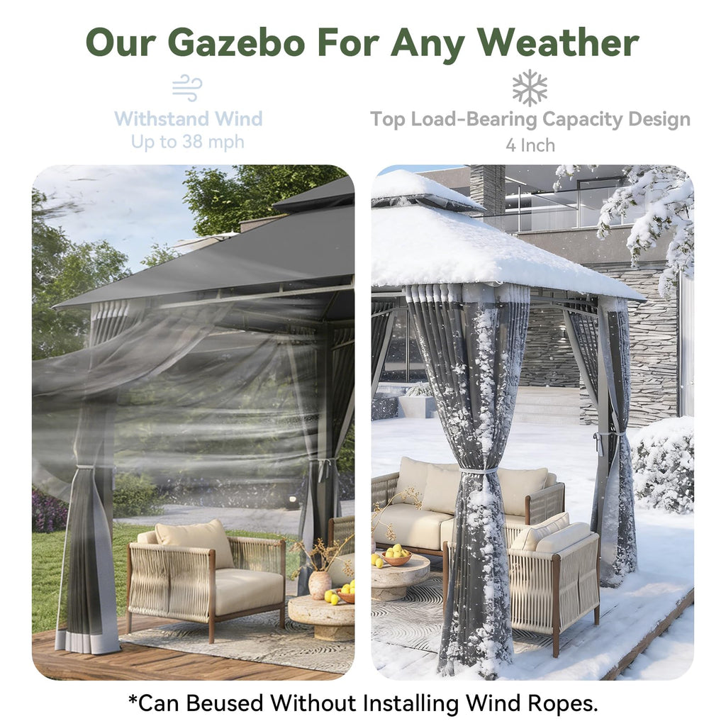 8'x8' Gray Gazebo with Double Roof & Mosquito Netting A82862