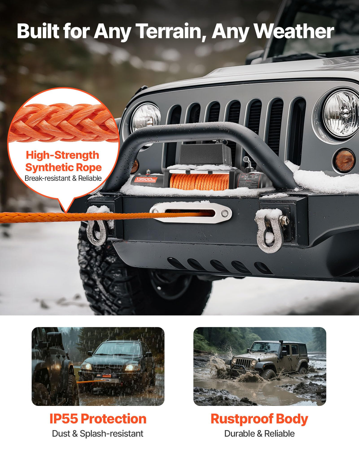 13,500 lb 12V DC Electric Truck Winch with Synthetic Rope N48770