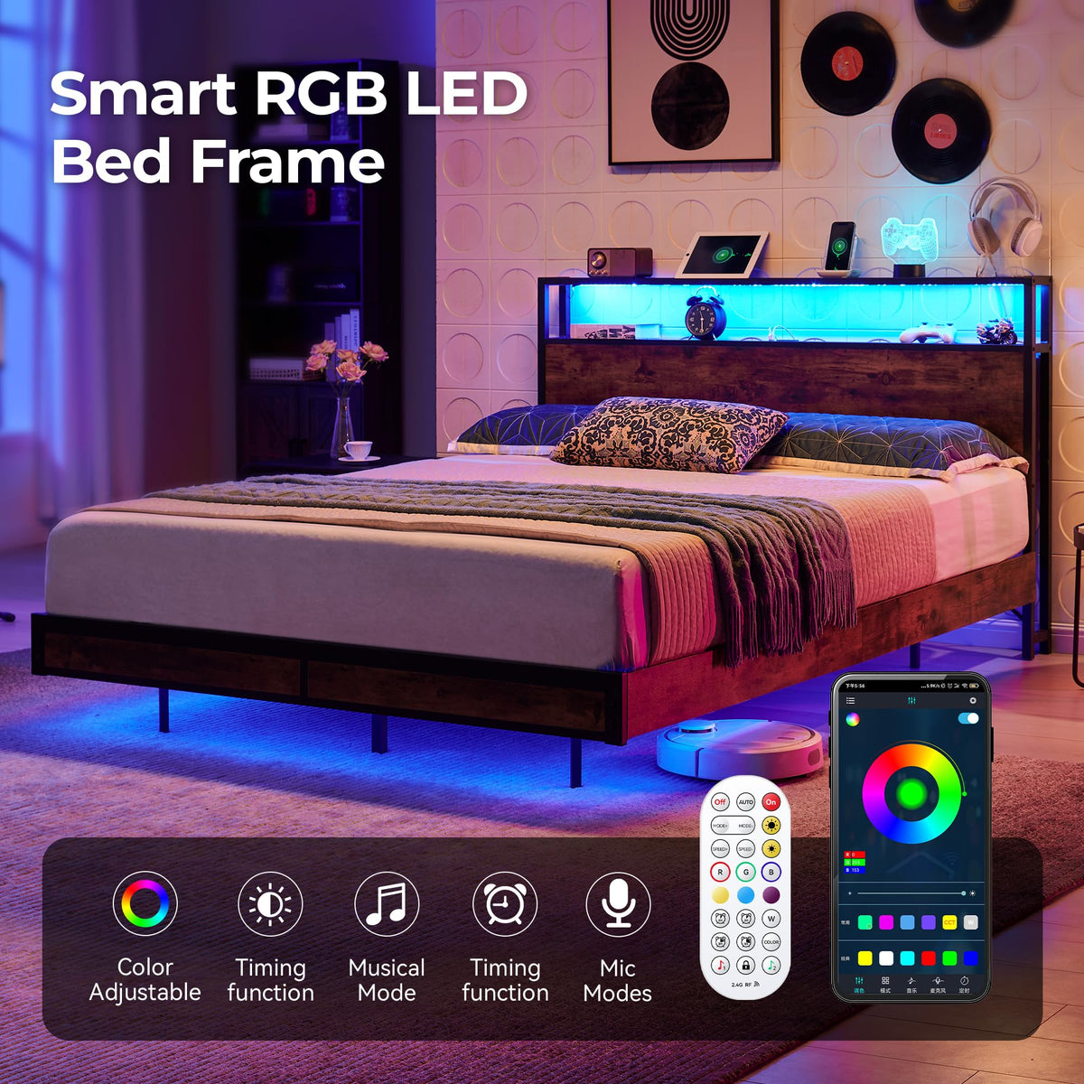 Queen Size Metal Platform Bed Frame with Storage Headboard and LED Lights Z5042
