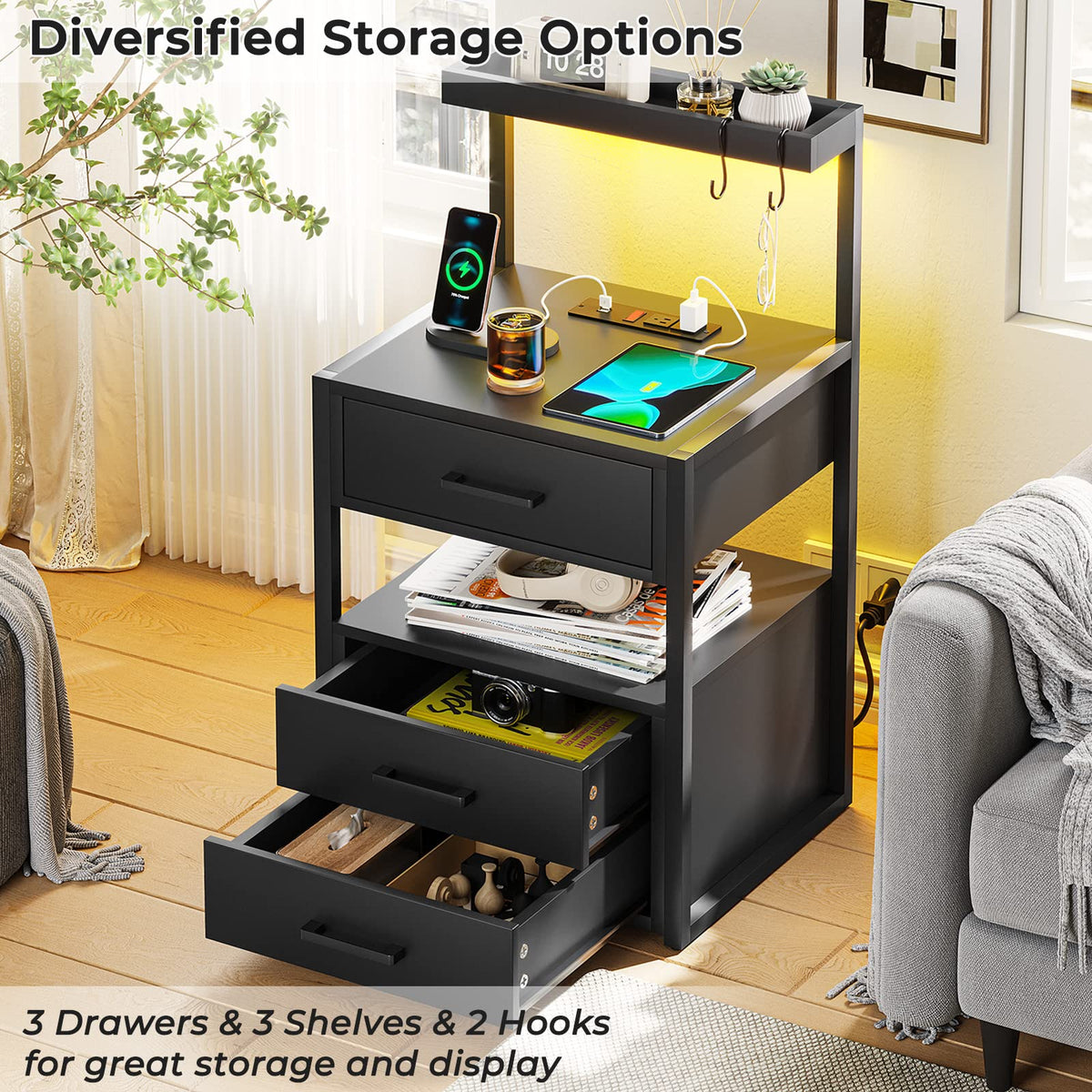 Black Nightstand with Charging Station and LED Lights, 3 Drawers H7717