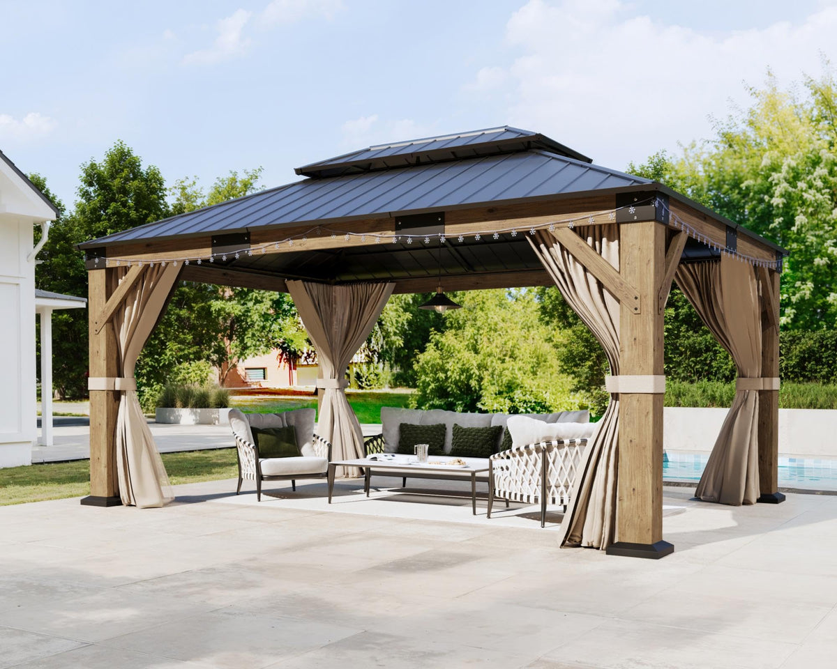 12x14FT Hardtop Gazebo with Double Roof, Privacy Curtain & Netting N34011